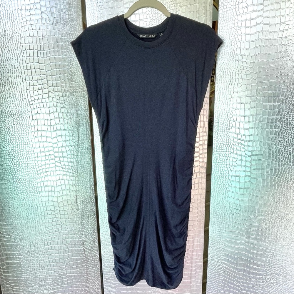 ATHLETA | Apres Convertible Cap Sleeve Ruched Stretch Navy/Black Dress | Small